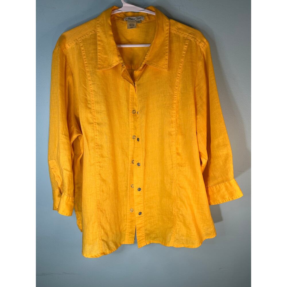 Coldwater Creek gold yellow linen 3/4 sleeve snap top 100% Linen PXL